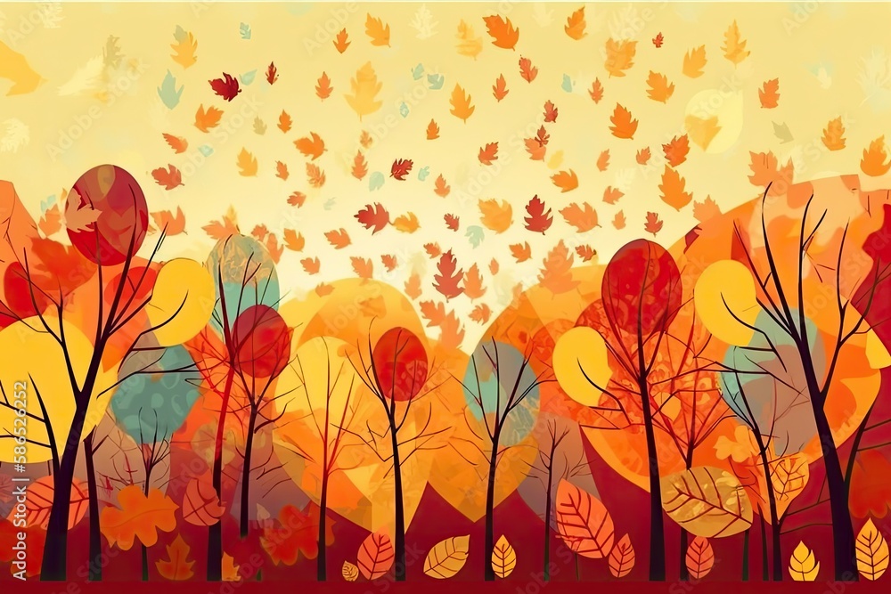 autumn trees with falling leaves in a beautiful landscape painting. Generative AI