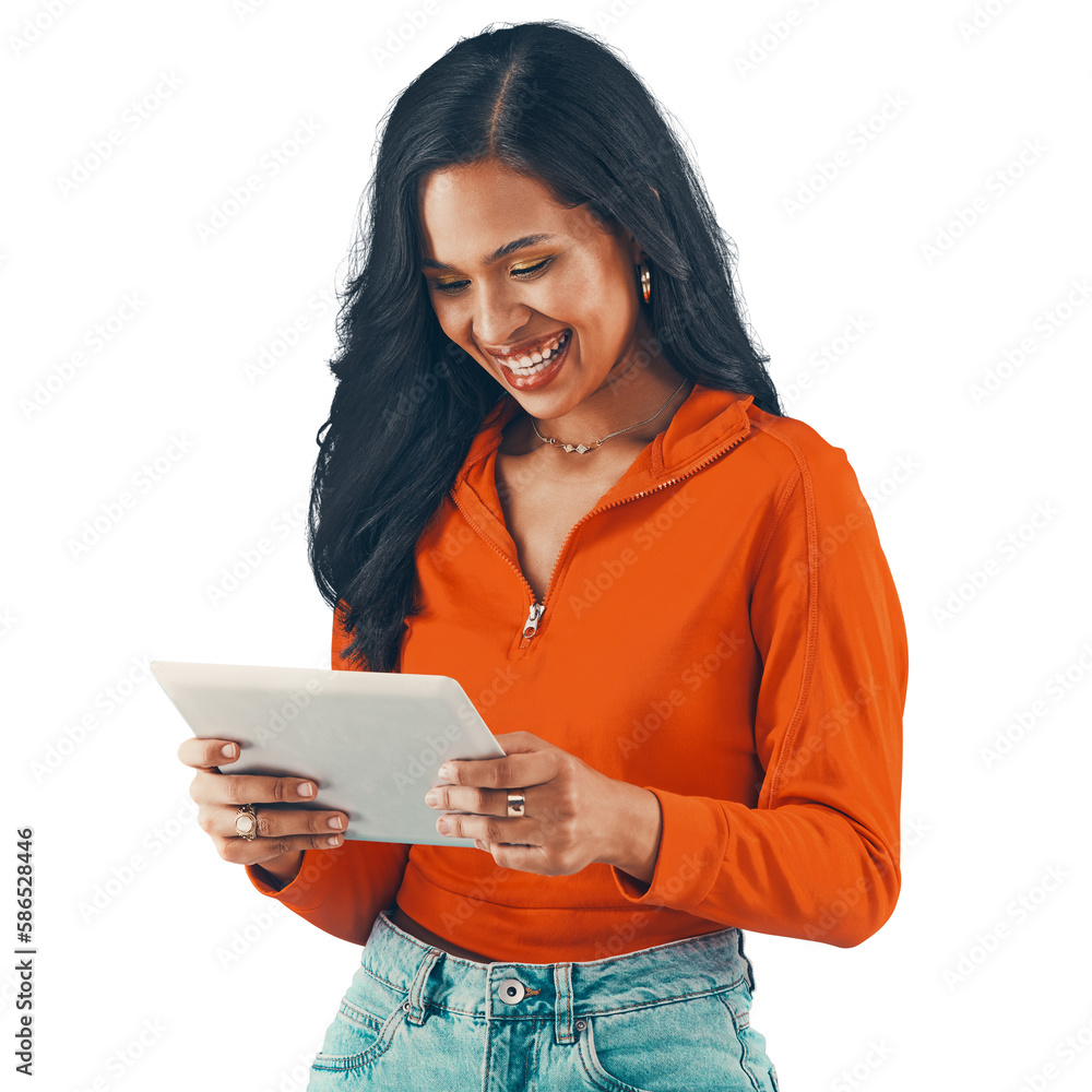 Fashion, style and woman browsing on a tablet for happy ecommerce online shopping while isolated on 