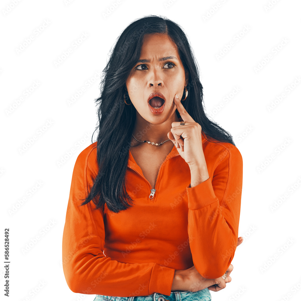 Shock, face and stylish woman thinking with omg expression isolated on a png, transparent background