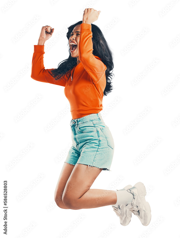 Excited, cheering and woman jump with joy about good news, success and winning while isolated on a t