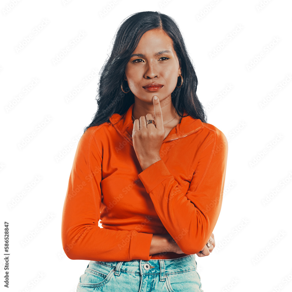 Face, thinking female with doubt about contemplating ideas isolated on a transparent png background.