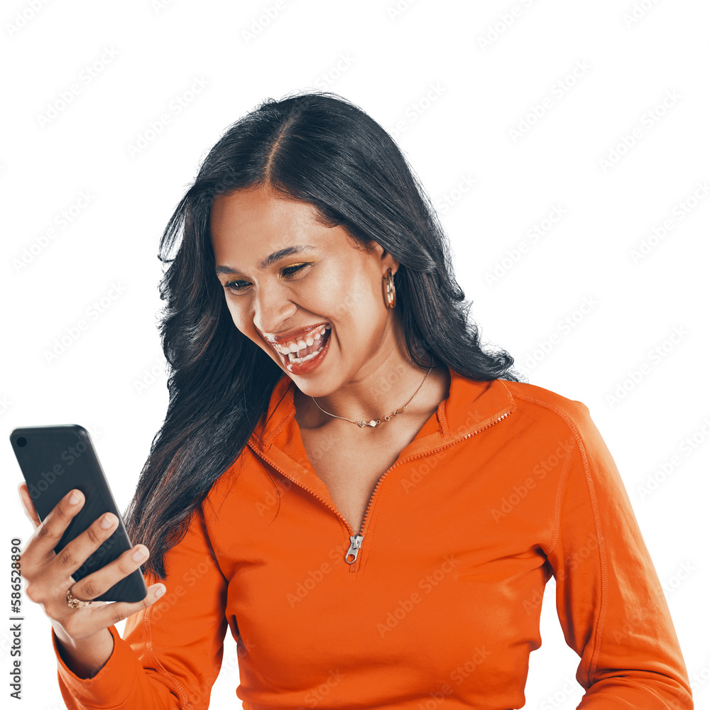 Excited, phone and woman browsing online for good news while isolated on a transparent, png backgrou