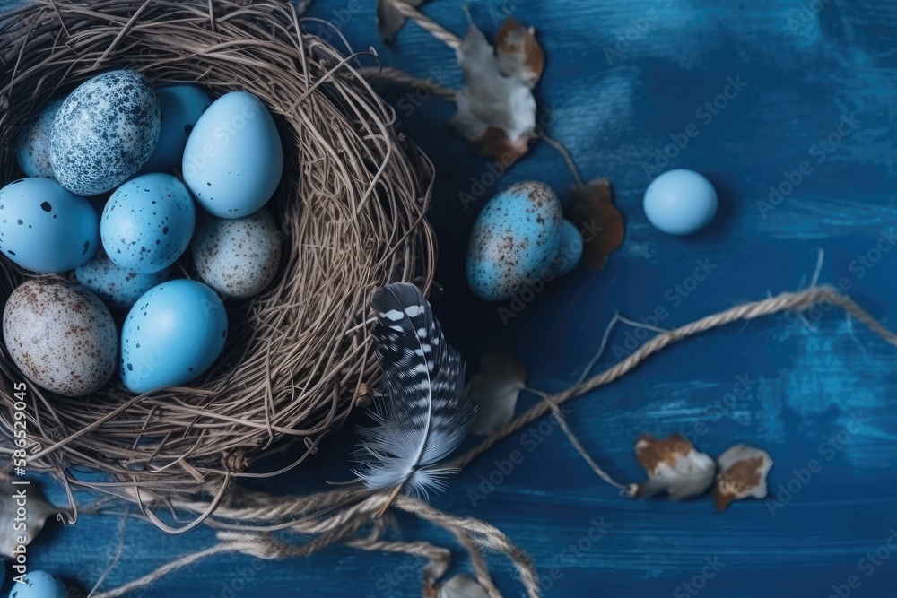 birds nest with delicate blue and white eggs. Generative AI