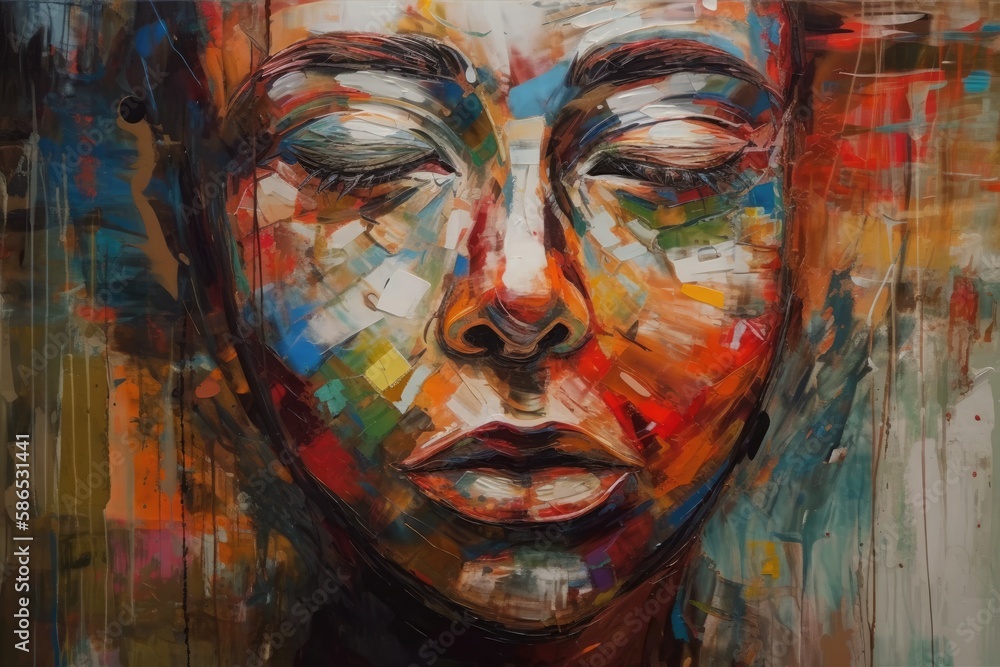 serene woman with closed eyes depicted in a painting. Generative AI