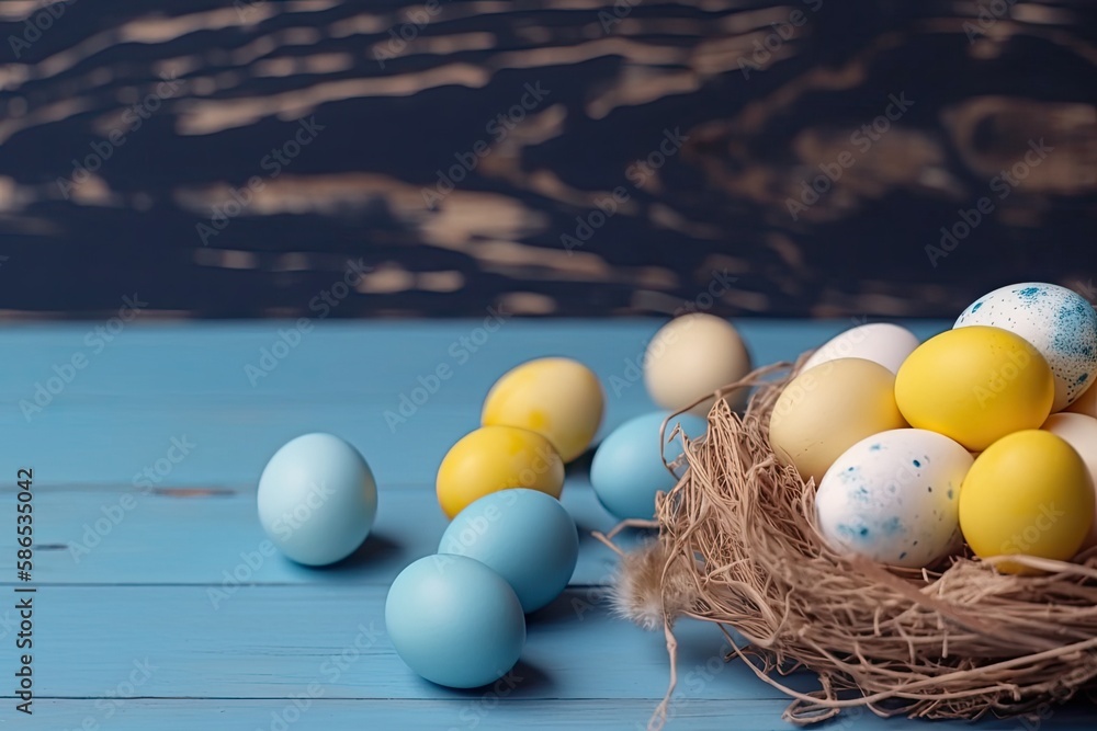 birds nest with eggs on a blue table. Generative AI