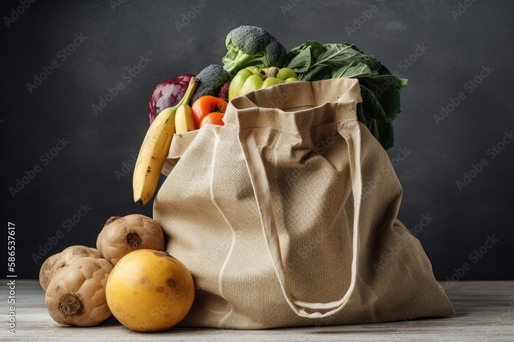 colorful assortment of fresh vegetables in a market bag on a wooden table. Generative AI