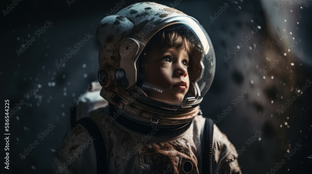 Little kid wearing spacesuit. Cosmonaut concept. Ai generated.