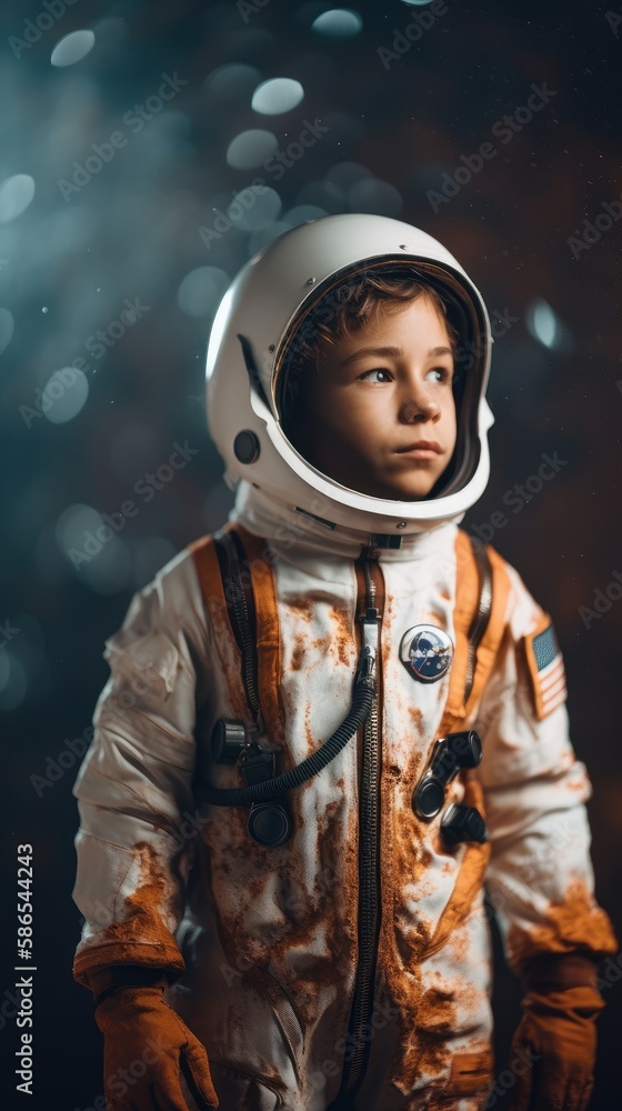 Little kid wearing spacesuit. Cosmonaut concept. Ai generated.