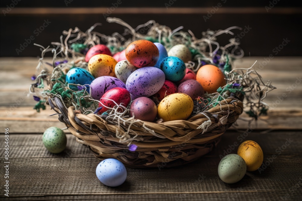 basket overflowing with vibrant Easter eggs. Generative AI