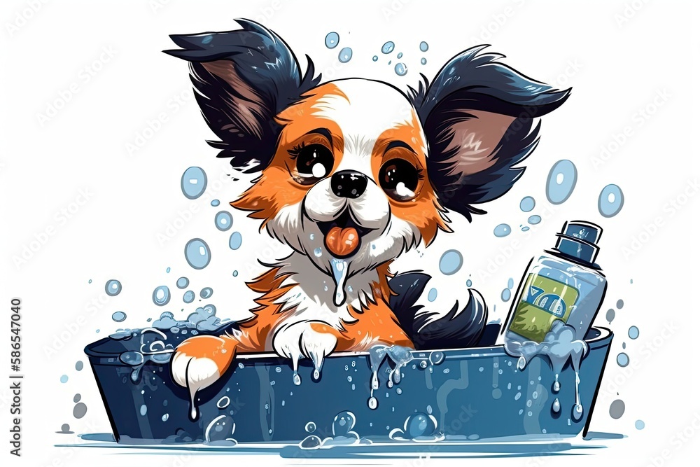 small dog enjoying a bath in a tub. Generative AI