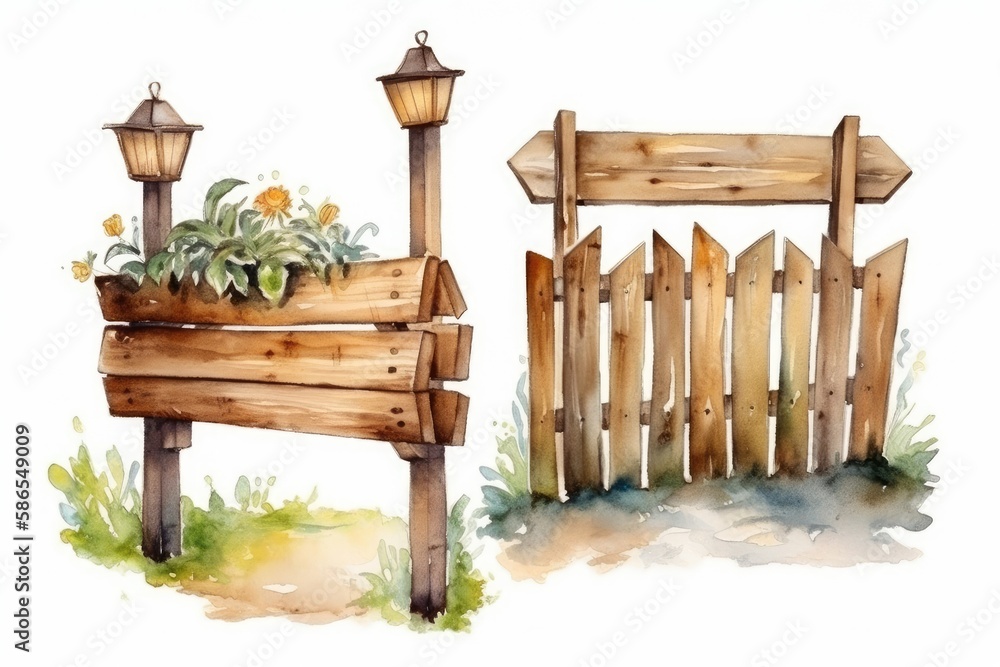 serene garden scene with a wooden fence and blooming planter in watercolor. Generative AI