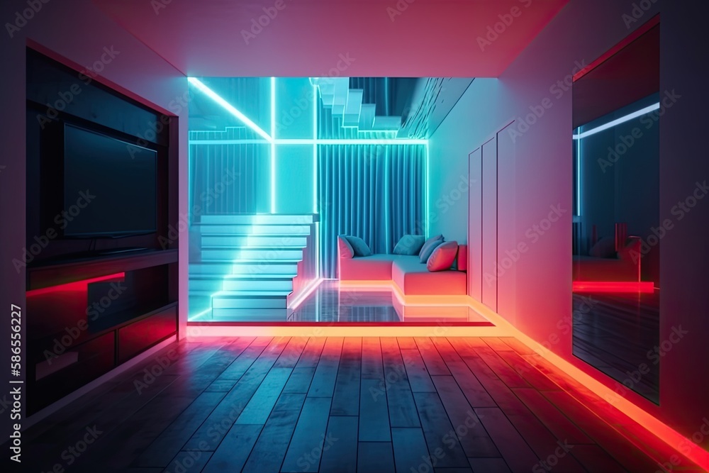 modern staircase with neon lights in a room. Generative AI