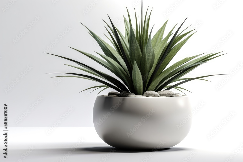 green plant in a white pot placed on a minimalist white table. Generative AI