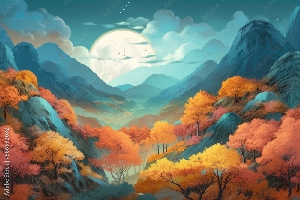 serene mountain landscape under the full moon. Generative AI