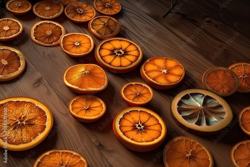 freshly sliced oranges arranged on a rustic wooden table. Generative AI