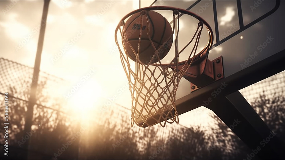 ;basketball hoop in sunset light generative AI