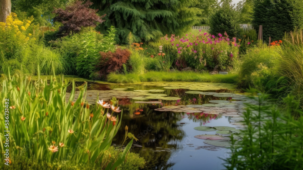 Pond in the summer garden. Illustration AI Generative.