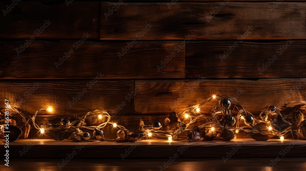 Dark Wooden Background with Christmas Lights. Illustration AI Generative..