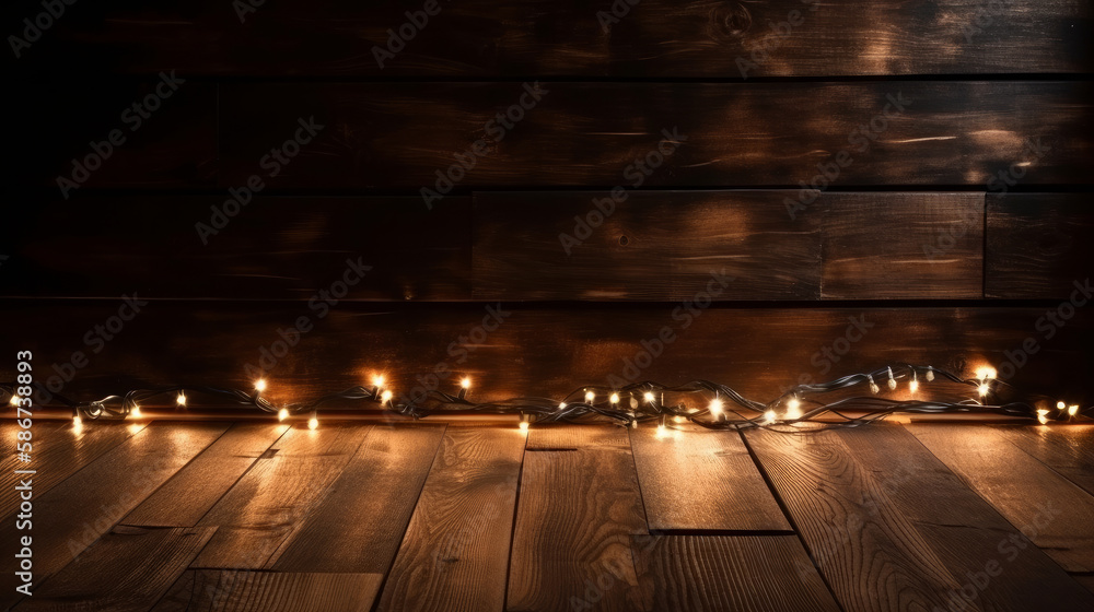 Dark Wooden Background with Christmas Lights. Illustration AI Generative..