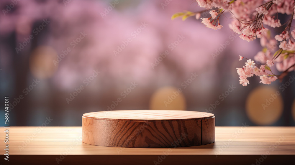 Empty wooden table with sakura flowers. Illustration AI Generative.