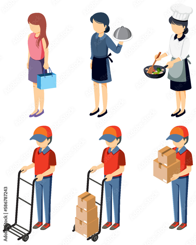 Set of isometric delivery men and women