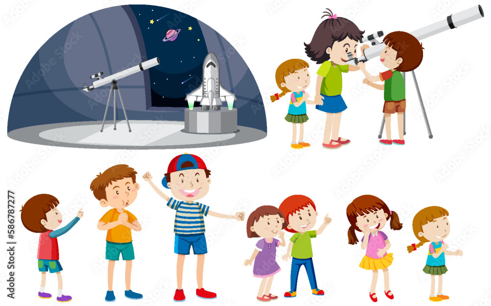 Playful Children Using Telescopes Vector Collection