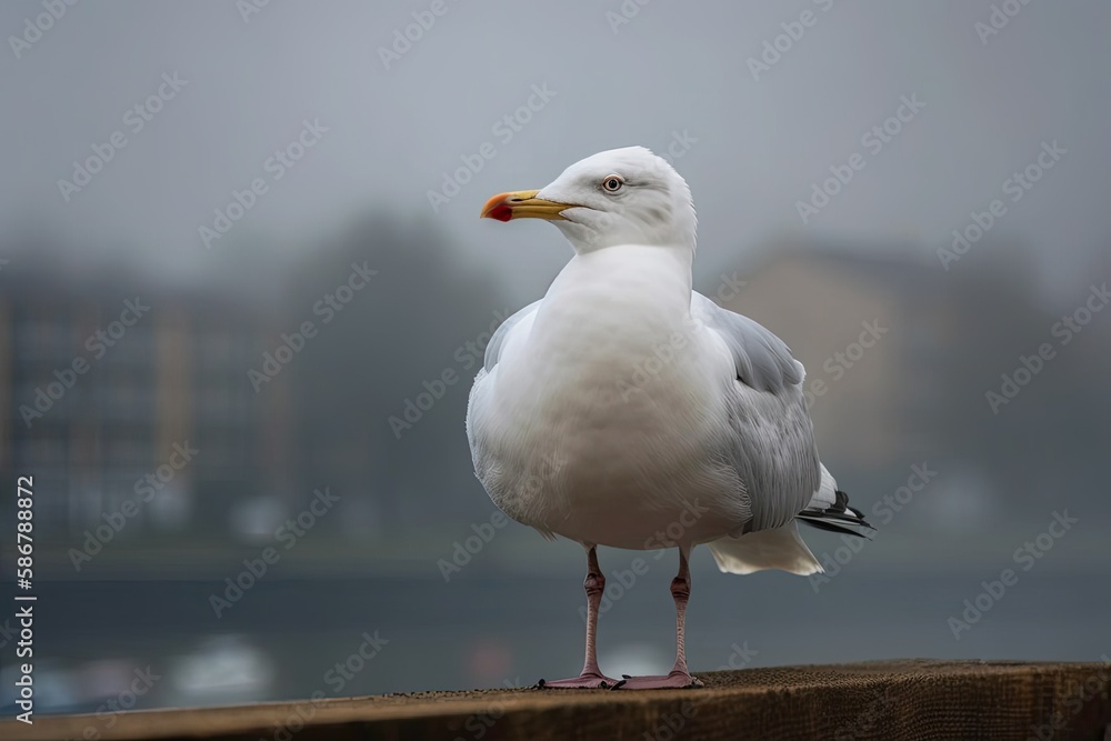 Portrait of a seagull against a foggy sky. A close up of a white seagull perched on a wooden perch. 