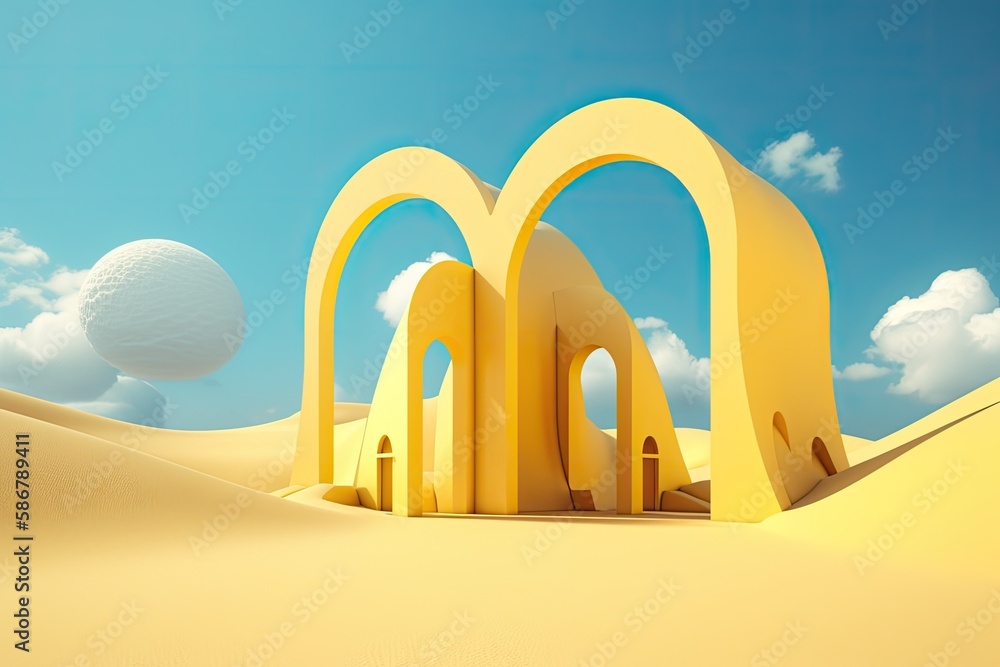 Imaginary desert scene with white clouds in a blue sky and yellow arches. contemporary minimalist ab