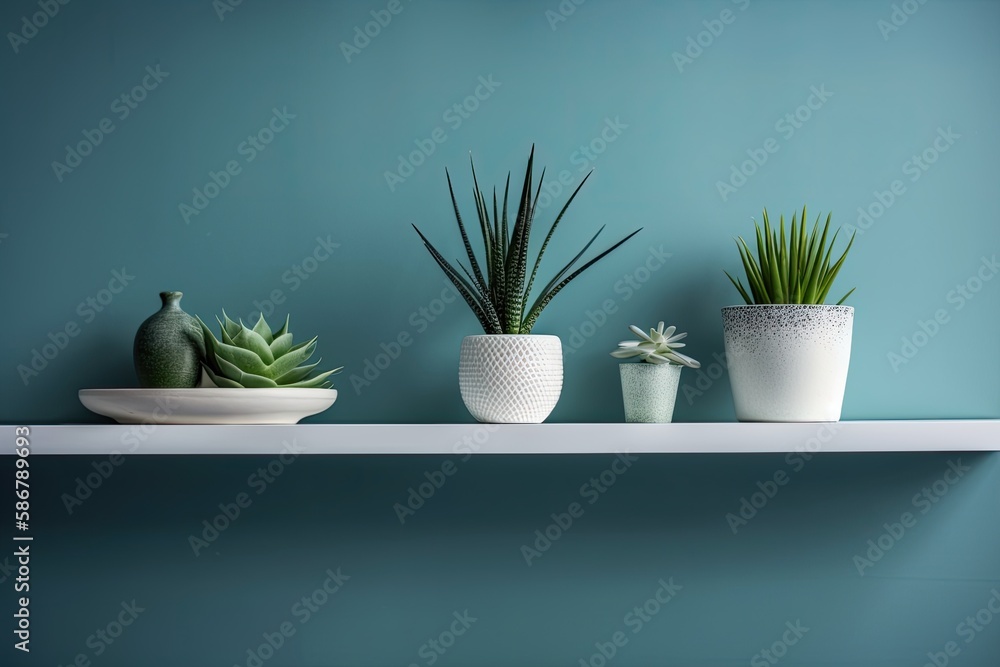 mockup of a white shelf with green potted plants on a blue wall. Generative AI