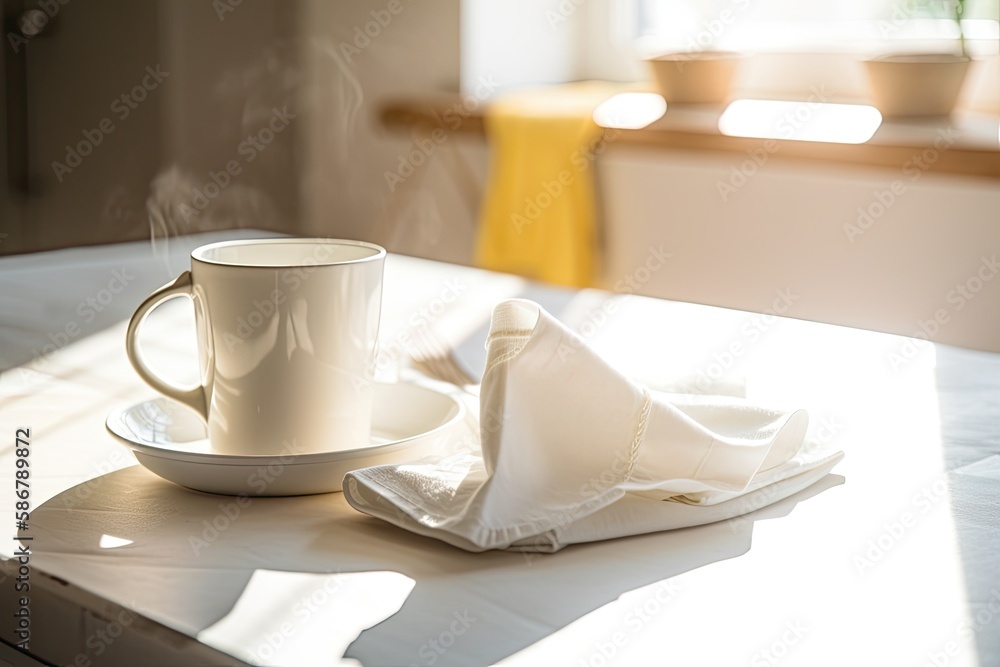 White coffee mug and napkin are on a table in an actual kitchen with lots of natural light. Generati