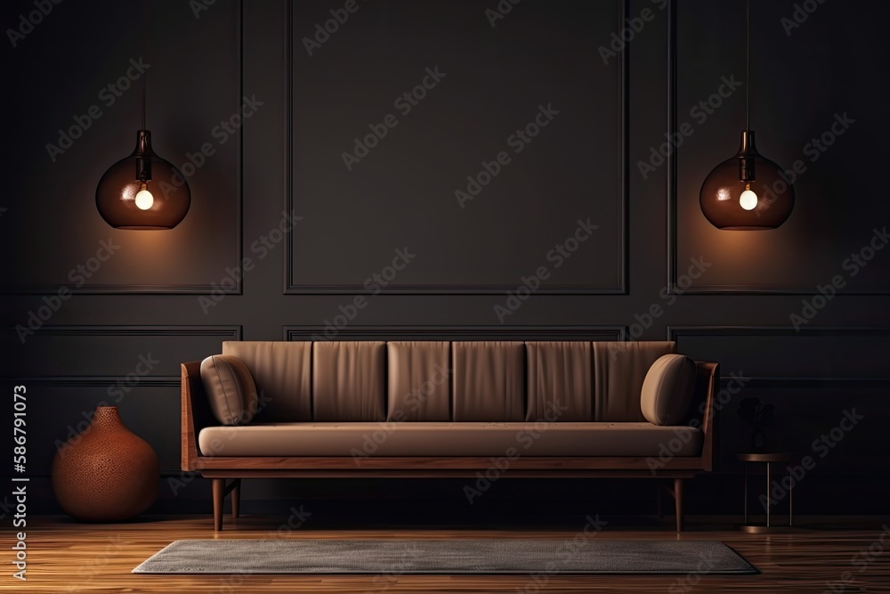 wood sofa in a dark brown color. Generative AI