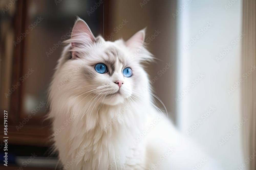 Beautiful fluffy white ragdoll cat standing on the floor in a brightly lit environment with blue eye