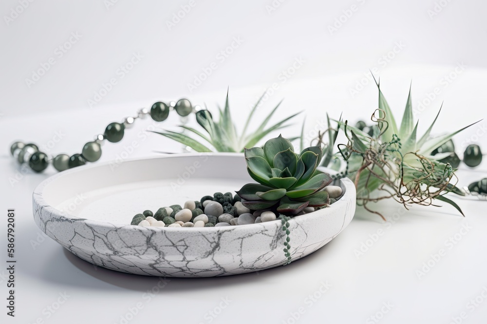 Contemporary curved concrete tray with a lovely necklace in a white background. Generative AI