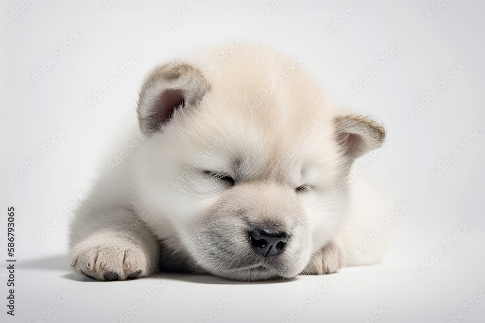 On a white background, a sleeping American Akita puppy may be seen. infant animal motif. Generative 