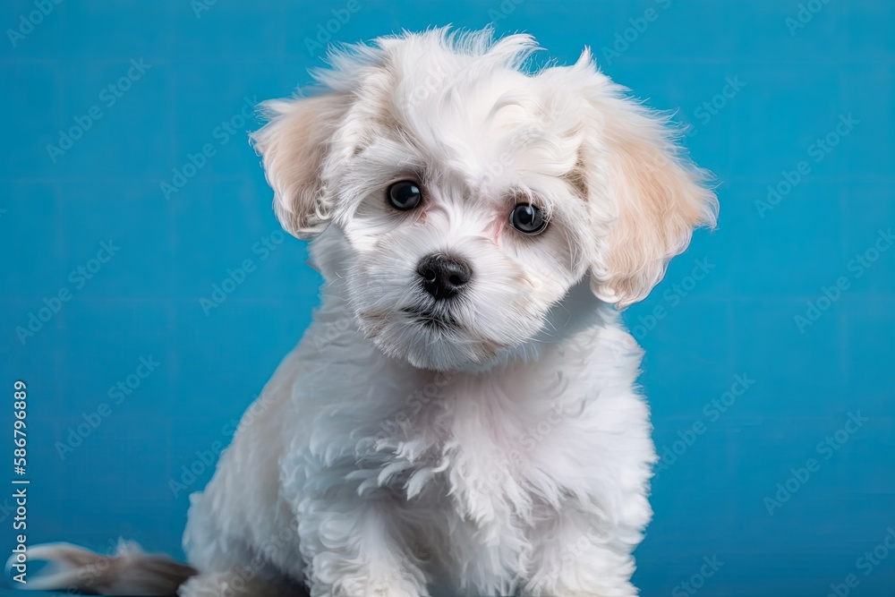 Maltipoo against a blue backdrop. Curly dog in the photography studio. Maltese, poodle. Generative A