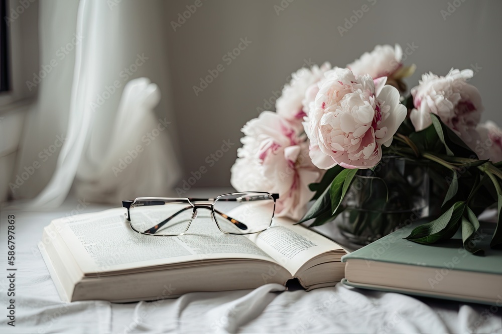 design concept, comfort, coziness, and style. Beautiful peonies blooming in a glass vase in the back