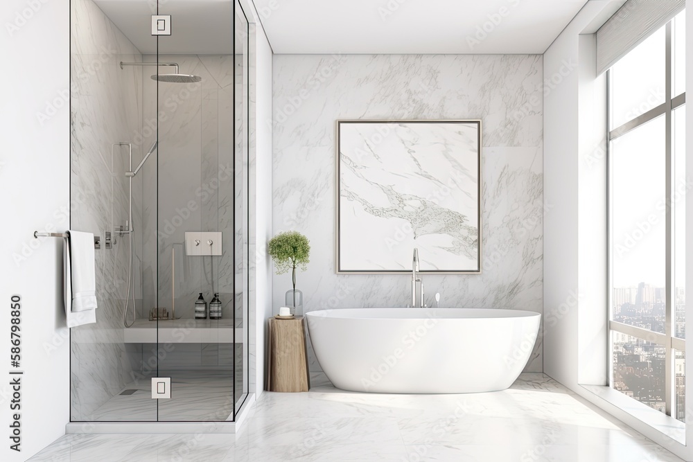 Mock up of a corner of a gray bathroom with white walls, a tub nearby, a poster hanging above it, an