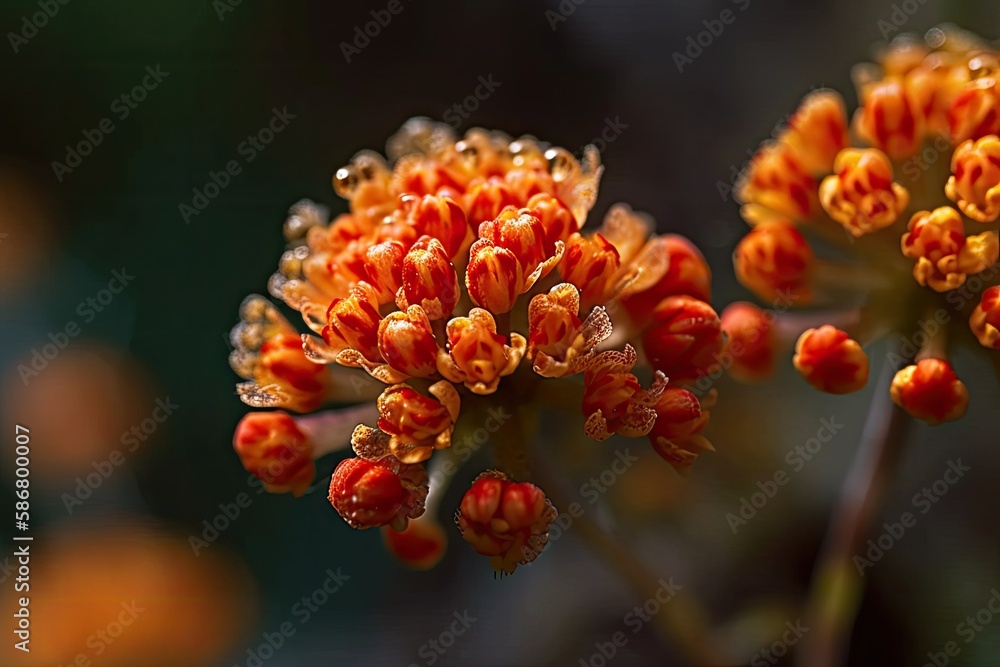 Orange miniature flowers captured in a macro (close up) shot in the wild. Generative AI