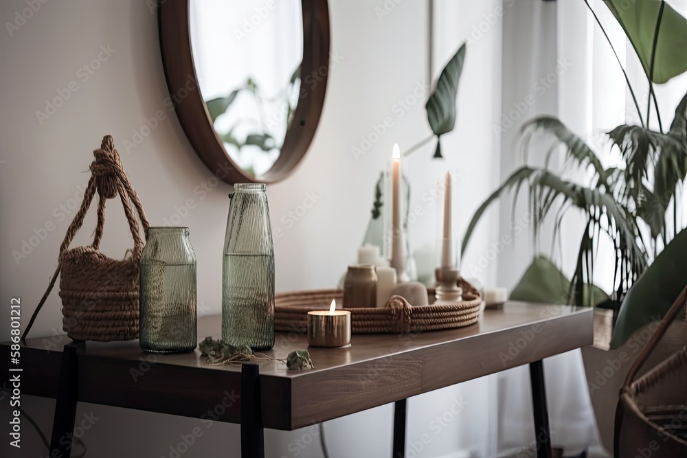 Modern light elegant room. Mirror on white wall. Small wooden table with candles and dishes near wic