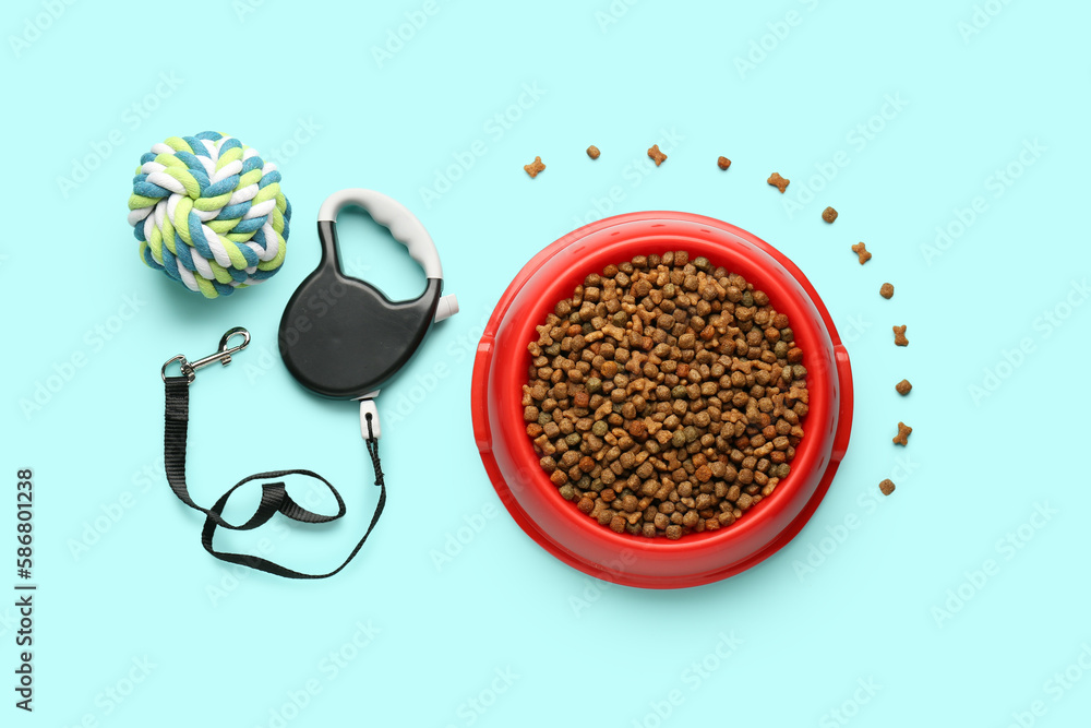 Composition with bowl of dry pet food, leash and cotton ball on color background