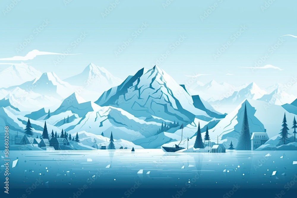 Illustration of a snowy island commercial. solitary mountains covered in snow. Background in travel 