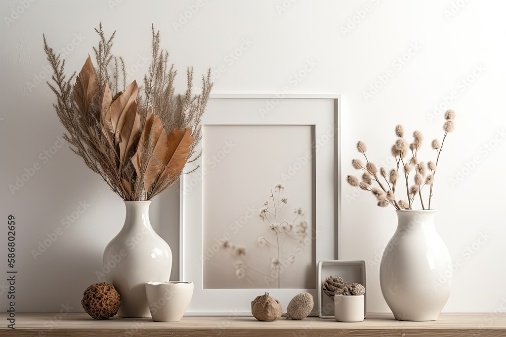 Modern ceramic vase with dried flowers, frame mockup on white table. colorless. Picture frame, poste