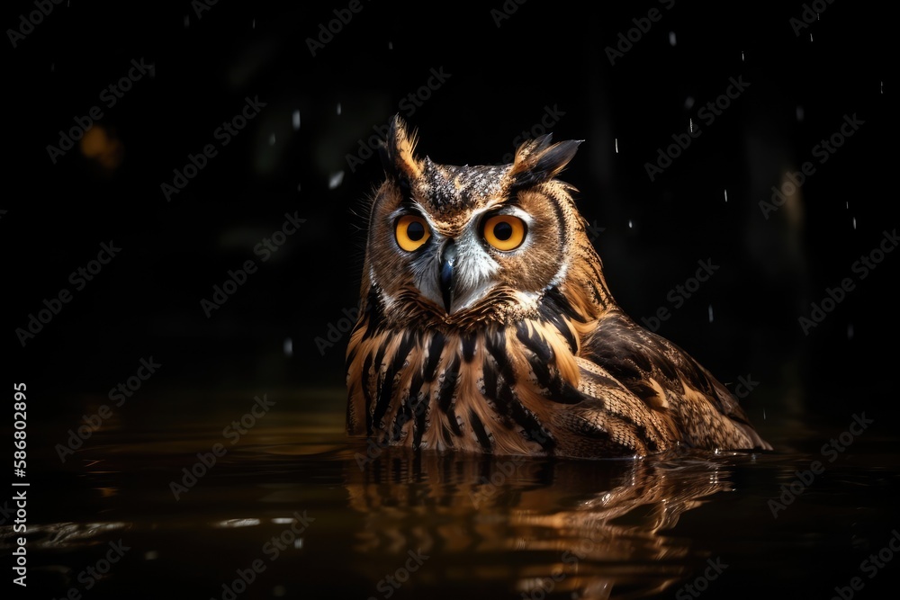 At night, an owl stands in water. Generative AI