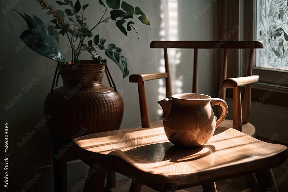 Ceramic kettle on rustic wooden chair in sunshine. Trendy ceramic minimalist vase in bright bohemian