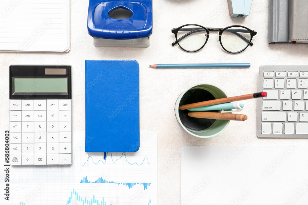 Composition with documents, eyeglasses and stationery on white background