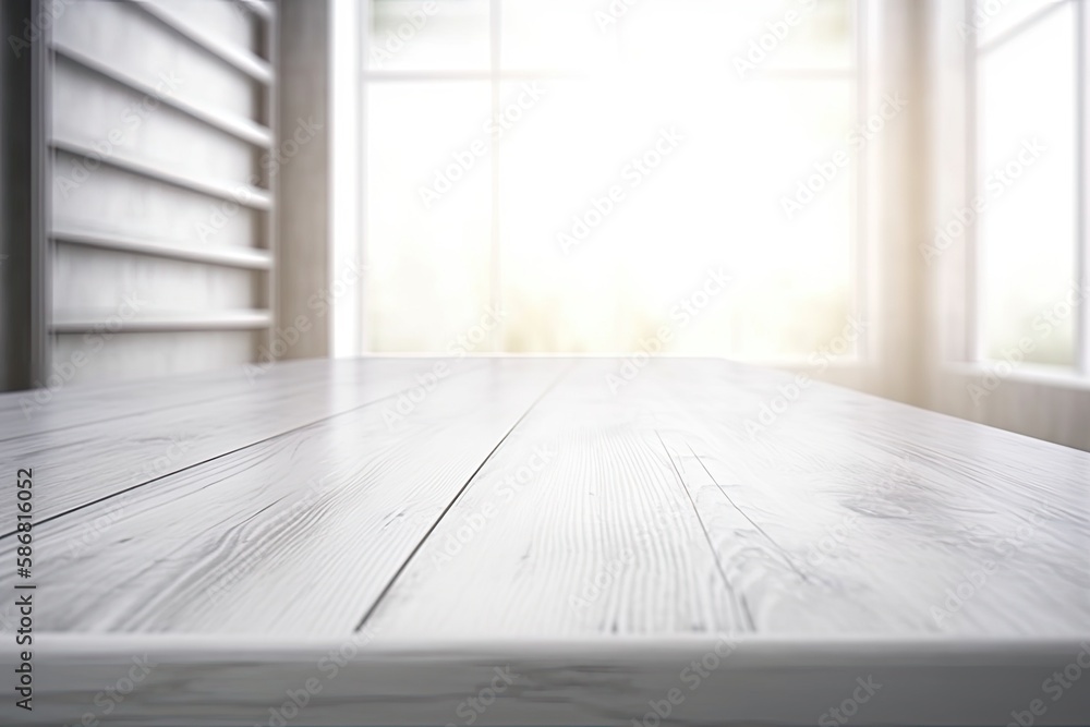 wooden table with a view of a scenic landscape through a window. Generative AI