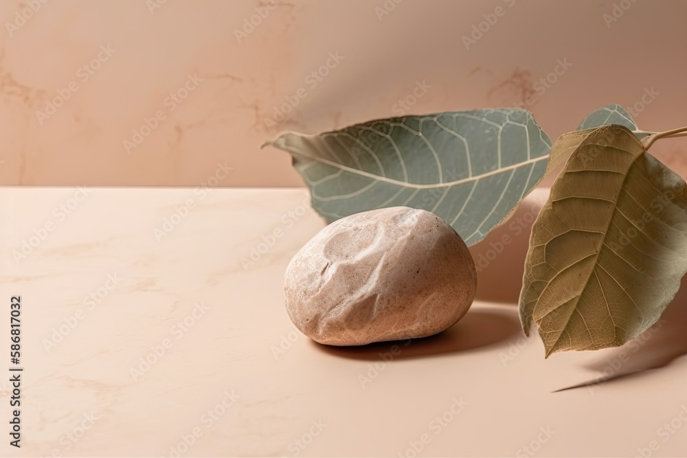 leaf and a rock placed together on a wooden surface. Generative AI