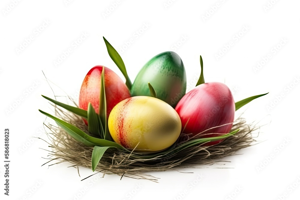 colorful Easter eggs resting in a nest. Generative AI