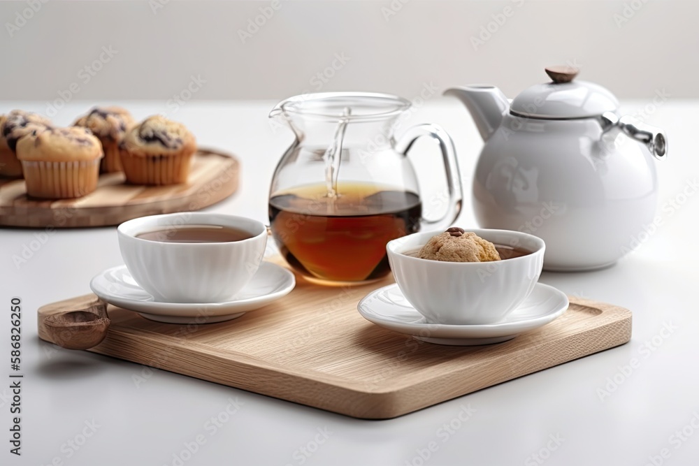 tray of freshly baked muffins and steaming cups of tea. Generative AI