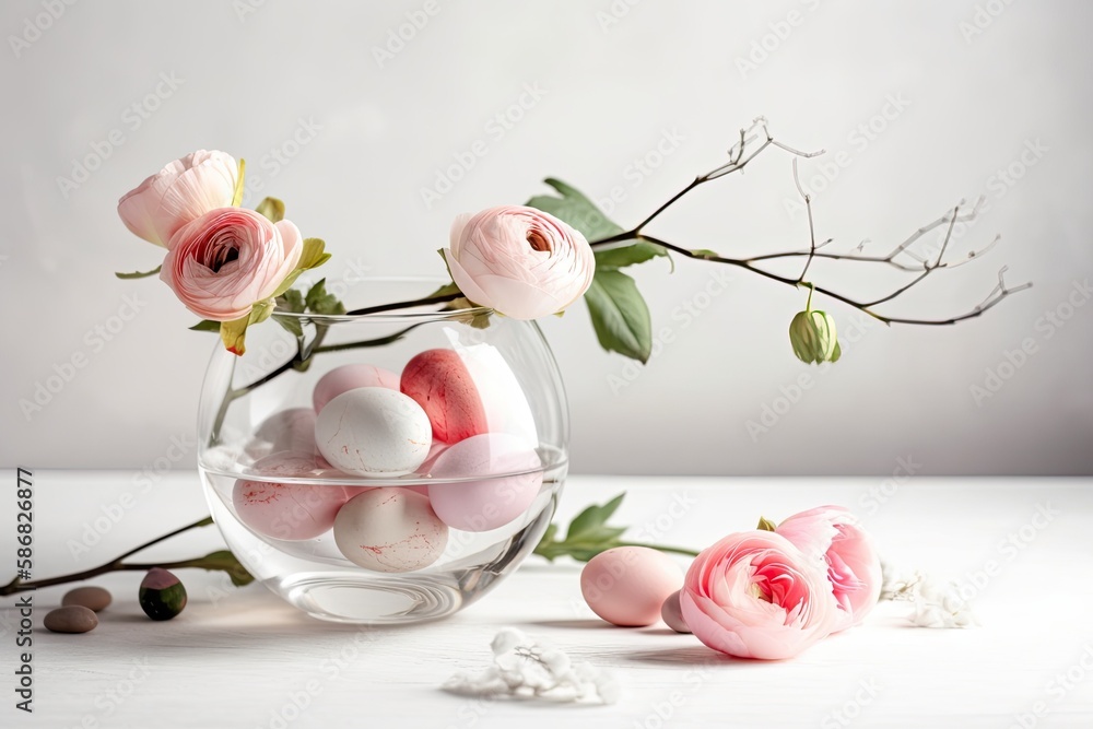 vase filled with pink flowers and Easter eggs. Generative AI